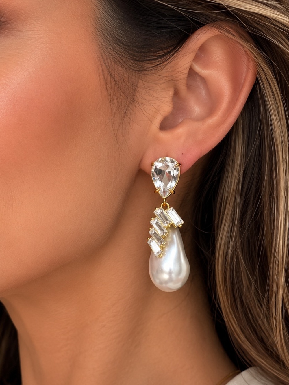 J. Crew Pearl Drop Earrings with Clear Crystals Accents